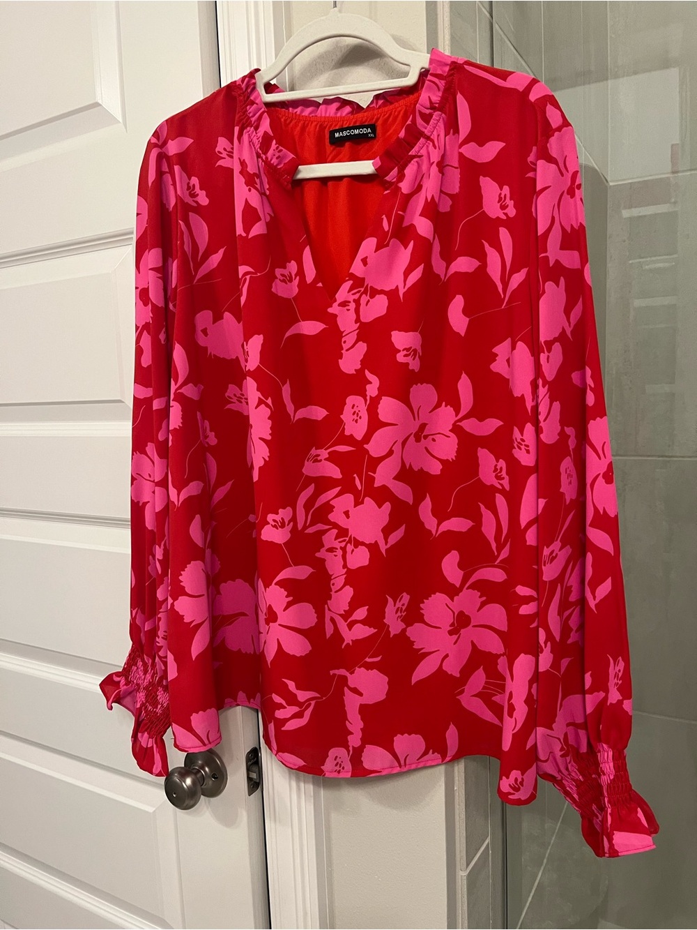Red & Pink Floral V-Neck Long Sleeve Blouse